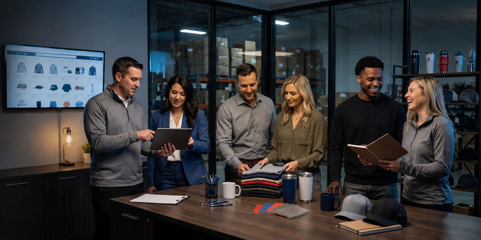 Club Colors team reviewing branded merchandise together